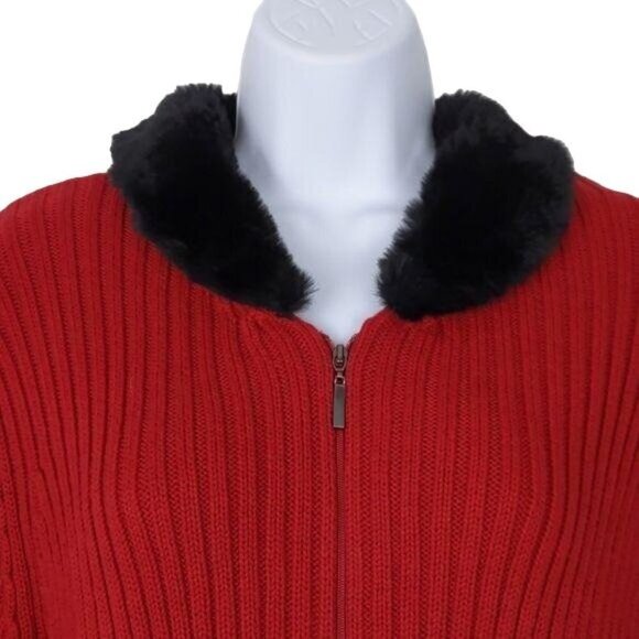 Liz Claiborne Womens Sweater Cardigan Red full zip long sleeve w/black collar PS - Picture 3 of 10